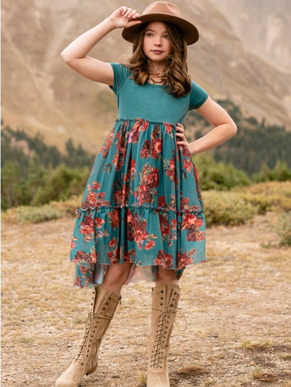 Joyfolie Teal Floral Tiered Short-Sleeve Dress